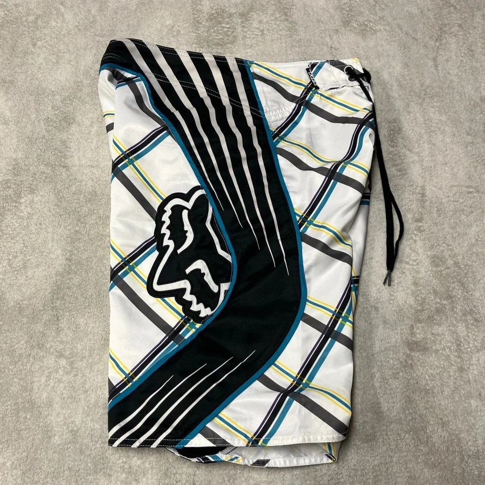 Y2K Fox Racing Board Shorts Plaid Geometric Abstract Big Logo Mens 30